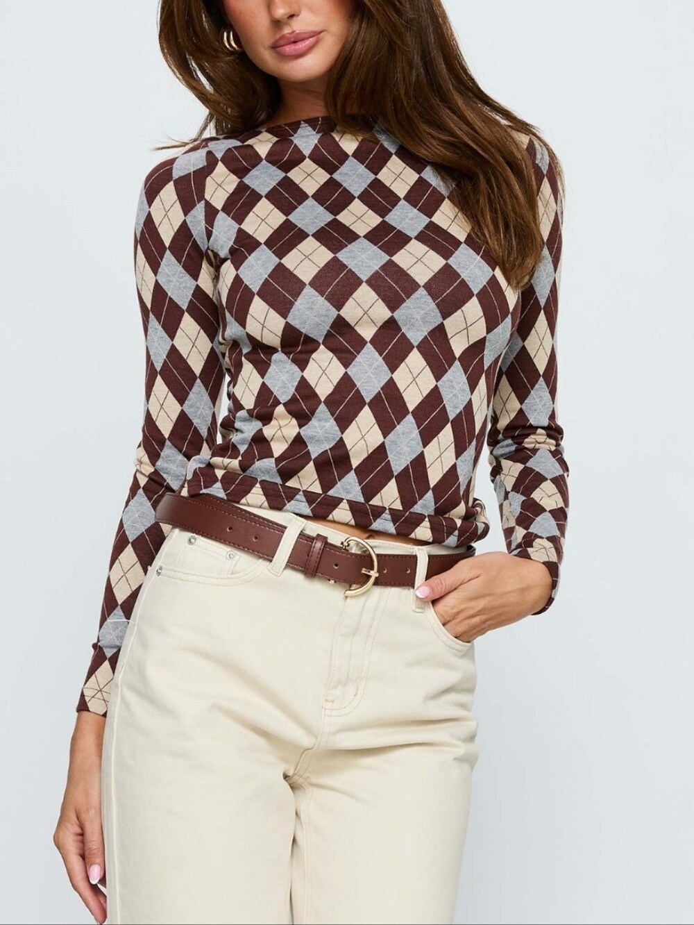 Princess Polly Brown Cream Gray Argyle Long Sleeve Top